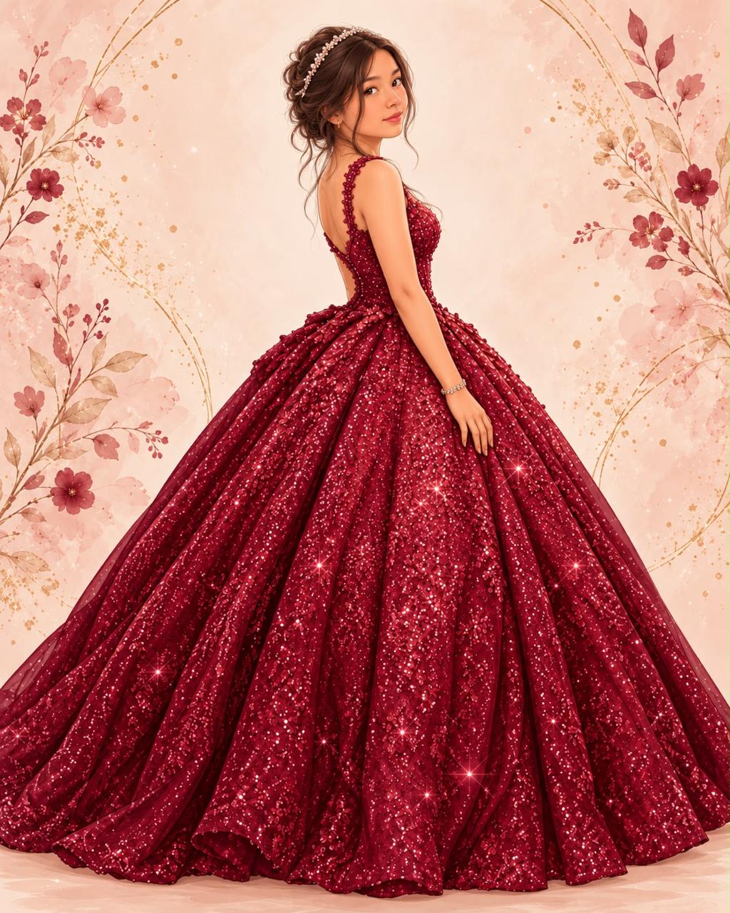 Ilustración de la quinceañera con vestido borgoña, proporcionada para la invitación de Isa