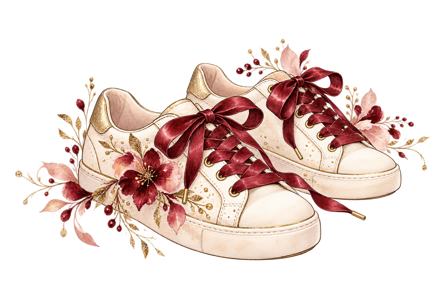 Ilustración de tenis color marfil con detalles borgoña